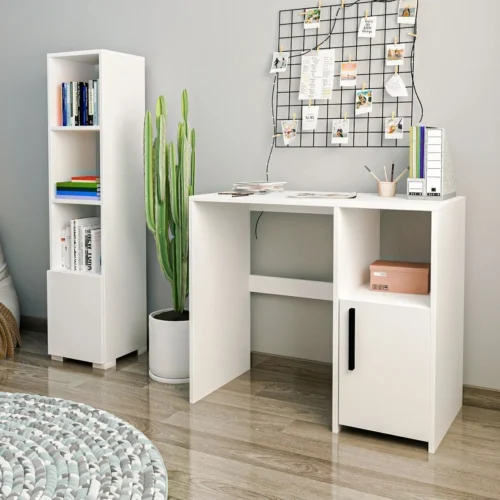 BM114 Çalışma Masası ve Kitaplık Set Beyaz